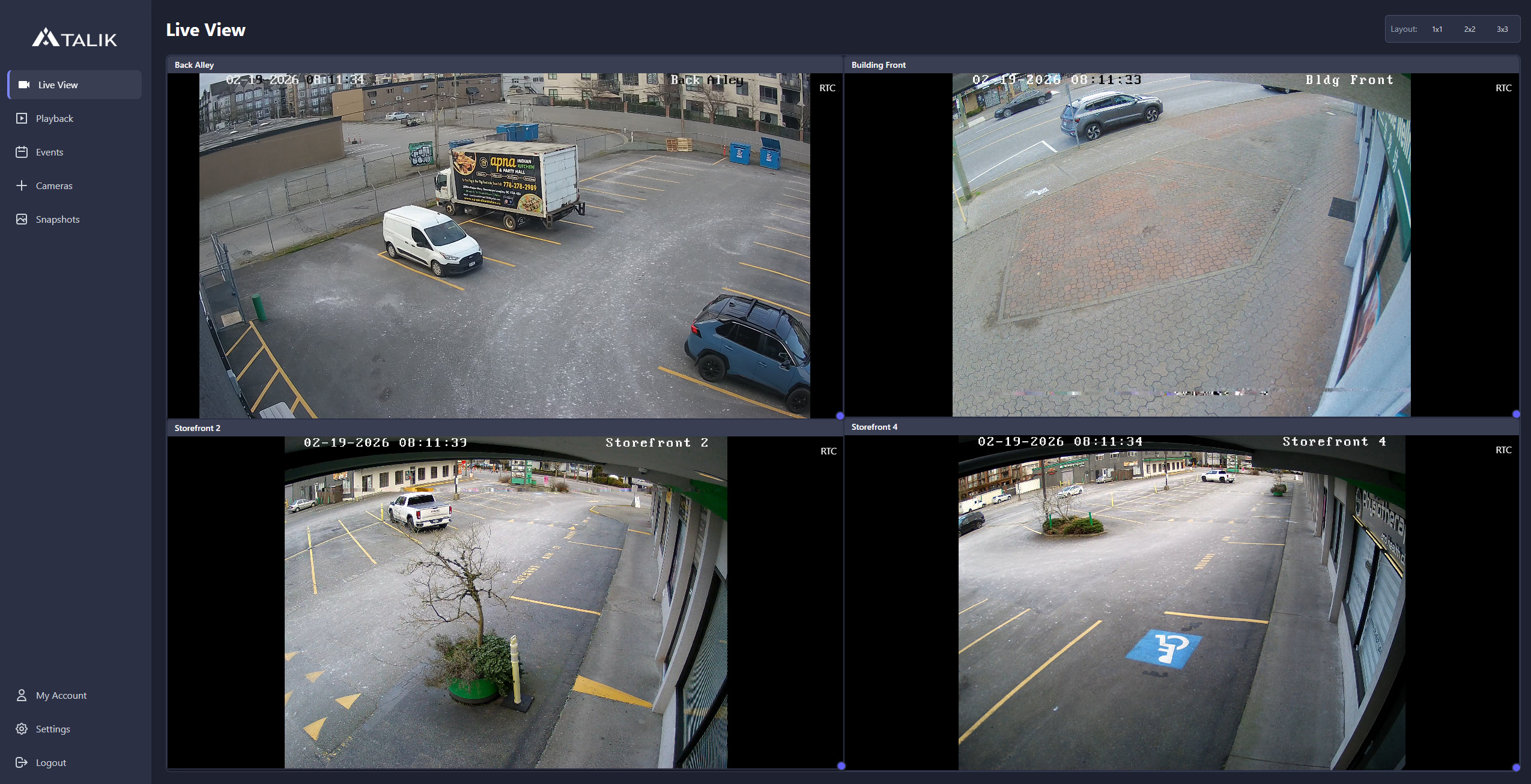 Talik NVR Software Live View Dashboard showing a 4-camera high-definition security grid