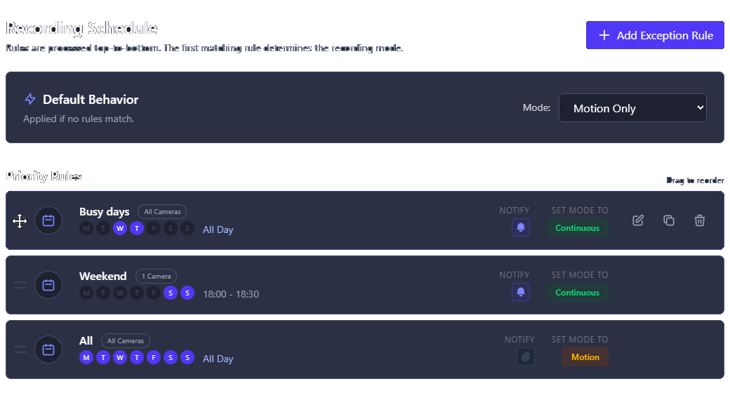 Recording schedule management interface with priority rules